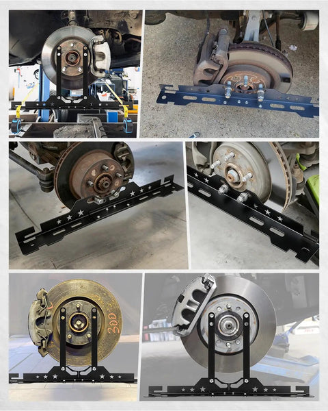 Precision Wheel Alignment Tool Kit With Toe Plates For Cars Trucks Suvs showing black steel brackets mounted on wheel for alignment.