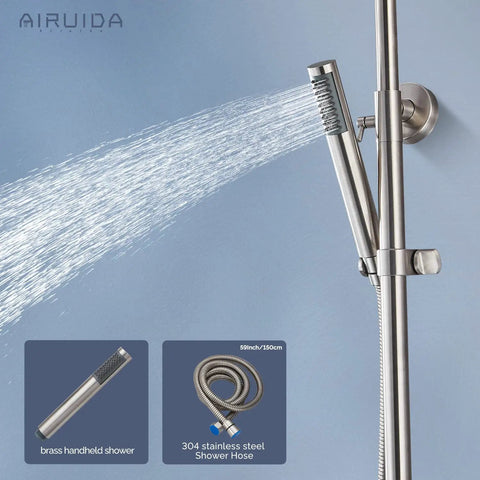 Outdoor Shower System in SUS304 Brushed Nickel, handheld spray detail, wall-mounted for patio garden and poolside