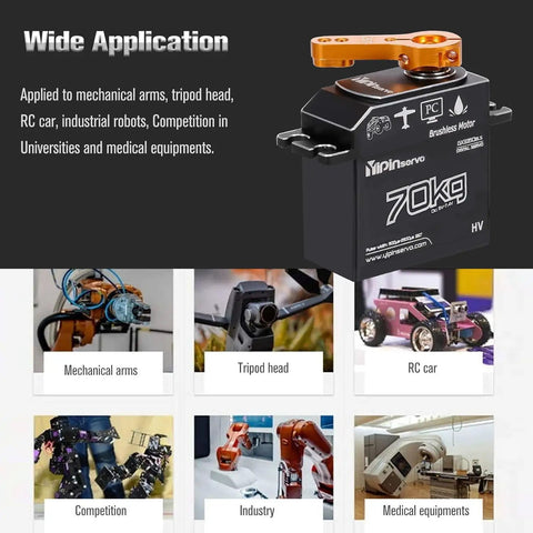 Beefy 70Kg High Torque RC Servo With 25T Arm, IP67 Waterproof Full Metal Body, 180 Degree Steering, Heavy Duty, Long Lasting Performance For 1/10, 1/8, 1/5 Scale RC Cars And Trucks mounted with gold arm, showing wide application uses.