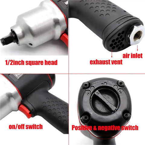 Close-up of Hardcore Pneumatic Impact Wrench And Air Hammer Gear showcasing 1/2 inch square head, air inlet, and controls.