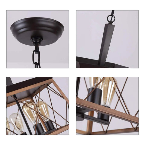 Detailed view of Farmhouse Rustic Chandelier With Antique Geometric Industrial Design in bronze with exposed bulbs and chain