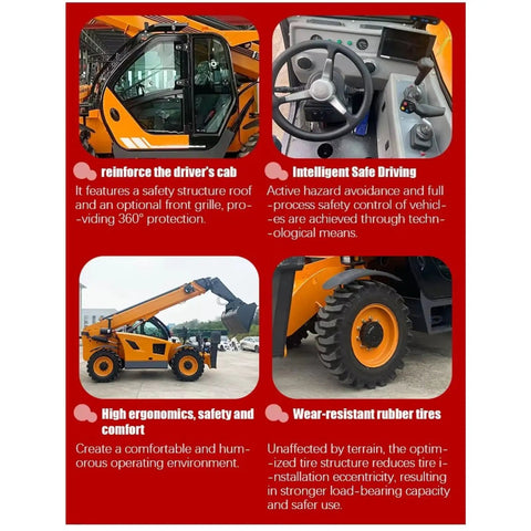 Built Tough Heavy Duty 4WD Telescopic Handler For Construction Sites showing driver's cab, controls, flexible boom, and wear-resistant tires.