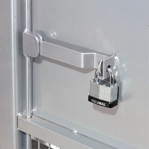 Close-up of lockable wire mesh cage door on Heavy Duty Folding Security Truck With Lockable Wire Mesh Cage, Built Tough For Two Thousand Pound Loads.