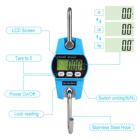 Heavy Duty Digital Crane Scale 660 Lb Handheld Hanging Weight Scale with blue LCD display and stainless steel hook