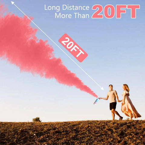 Game Changer Pink Gender Reveal Fire Extinguisher Prop Two Pack Blasts Confetti Burst Over Twenty Feet High Must Have Baby Girl Announcement Party Decorative Accessory in use outdoors with pink smoke and couple.