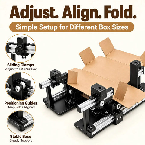 Manual Box Assisted Folding Tool For Packing Stations Featuring Adjustable Grip Clip For Smooth Carton Assembly And No Sweat Shipping Prep At Ecommerce Hubs Or Home Work Desks with sliding clamps shown.