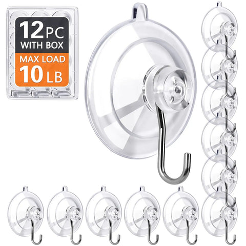 Rock Solid Invisible Suction Cup Hooks Twelve Pack Clear Reusable Removable Stainless Steel design with box shown, holding 10 pounds.