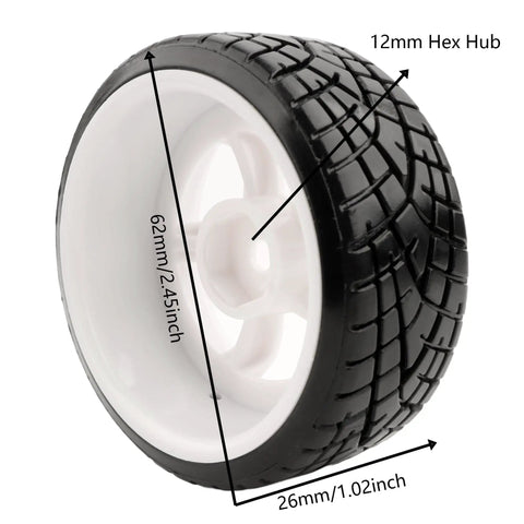 1/10 Scale RC Drift Tires With 12mm Hex Hub For On Road Touring Wheels, tire measurements shown and slick tread visible