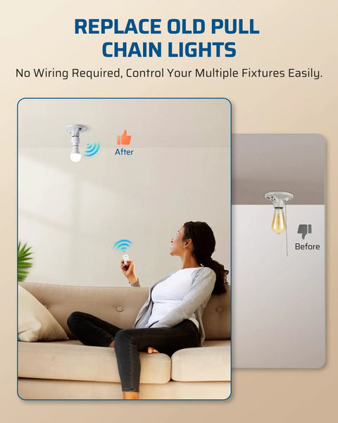 Remote Control Light Socket With Wireless Control For Lamps And Fixtures, showing easy use from a couch, pull chain compatible.