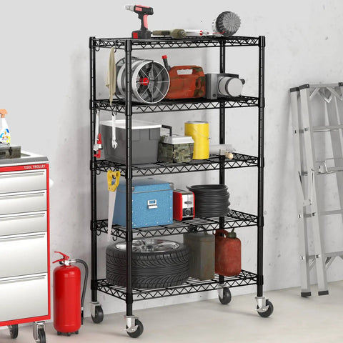 Heavy Duty 5 Tier Wire Shelving Unit With Beefy Rolling Casters Adjustable Black Metal Storage Rack housing tools and gear, 36 by 14 by 72 inches.