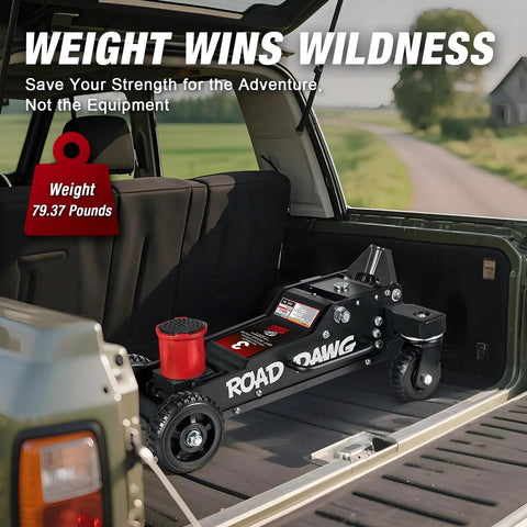 3 Ton Aluminum Off Road Floor Jack With Big Wheel System loaded in SUV trunk