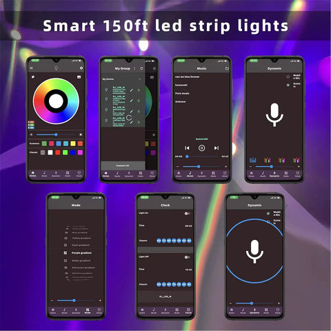 150 Foot RGB LED Strip Lights With Music Sync App Control And Remote Color Changing LED Tape interface on smartphone.
