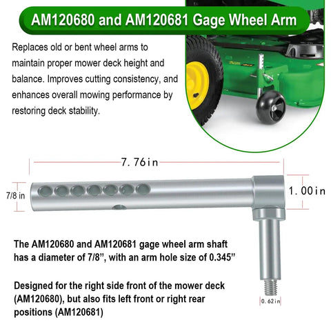 Heavy Duty Right Front Mower Deck Gage Wheel Arm Replacement Kit with 7/8 inch shaft and 0.345 inch hole, suitable for AM120680 and AM120681.