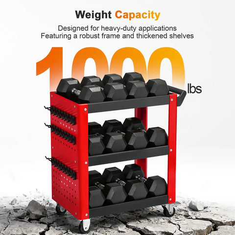 Heavy Duty 3 Tier Rolling Tool Cart Built Tough As Nails For Mechanics And Garage Shops Rock Solid Alloy Steel Frame With 1000 Lb Max Load Capacity Red Black displaying weights on shelves.