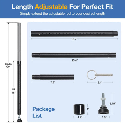 Adjustable Door Security Bar And Window Jammer, 18 To 50 Inch Reach, Heavy Duty Steel Build, 3 Pack Kick Proof Gate Blocker parts and measurements