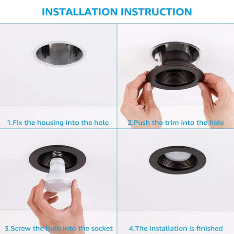 Installation steps for Rosewood 4 Inch Recessed Light Trim with Metal Step Baffle, Halo Juno remodel housings, oil rubbed bronze finish.