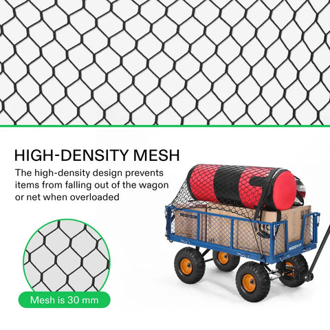 Heavy Duty Nylon Cargo Net For Garden And Folding Wagons Measures 36 By 30 Inches Black Elastic Mesh on a blue wagon securing items.