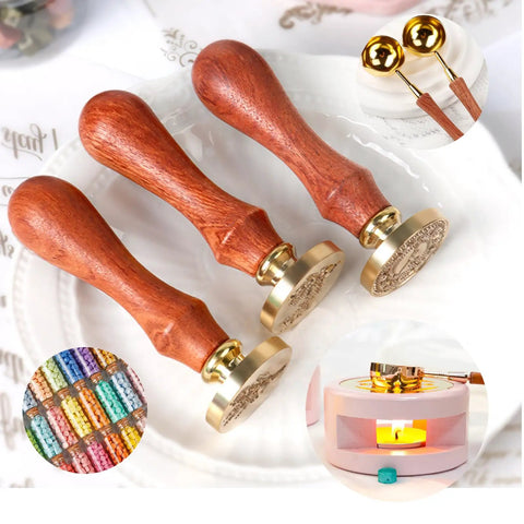 Hella Durable Brass Wax Seal Stamp with wooden handles, engraved for personalized wedding invites and DIY crafts.