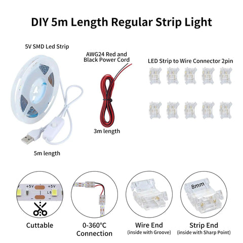 5V DIY LED Strip Light Kit For 3D Printer Projects, 5 Meter Flexible Waterproof Cold White LED Strips, connectors and adapter