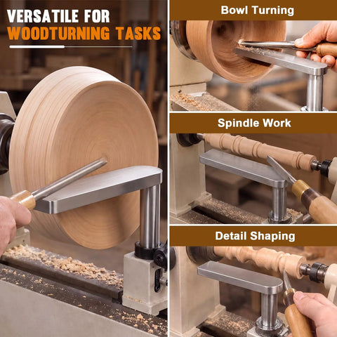 Solid As A Rock Seven Inch Stainless Steel Wood Lathe Tool Rest for Bowl Hollowing, shown in use for bowl and spindle tasks.