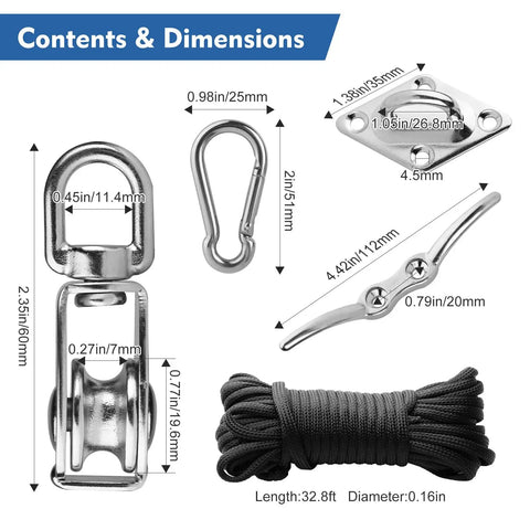 Heavy Duty 304 Stainless Steel Pulley Kit With Extra Long Nylon Rope For Flag Poles Clotheslines Garage Hoists and Pro Level DIY Builds, dimensions included.