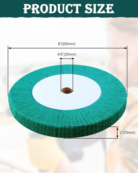 Heavy Duty 8 Inch Bench Grinding Wheels With 240 Grit Non Woven Tight Weave Buffing Pads, product size including dimensions.