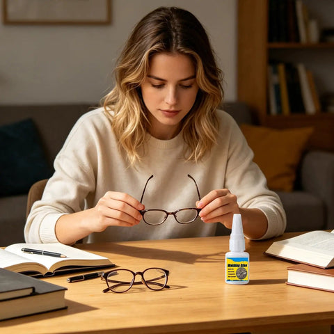 Woman repairing eyeglasses with Heavy Duty Eyeglasses Repair Glue For Busted Frames, surrounded by books and pens.