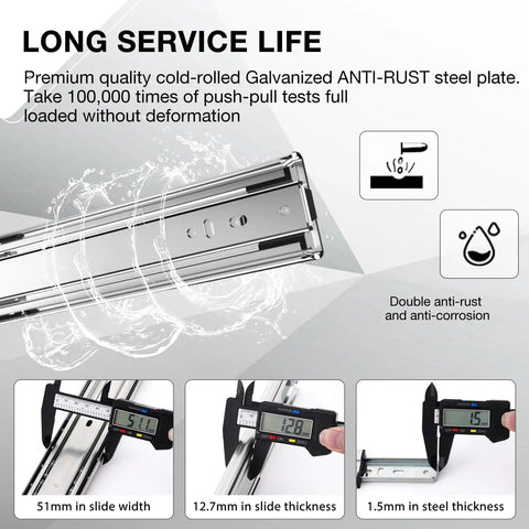 Heavy Duty Full Extension Drawer Slides 12 To 40 Inch Side Mount Rails Beefy Ball Bearing Runners Built To Last 136 Lb Capacity Durable Steel Construction For Cabinets Chests And Tool Drawers with measurements displayed on steel construction.