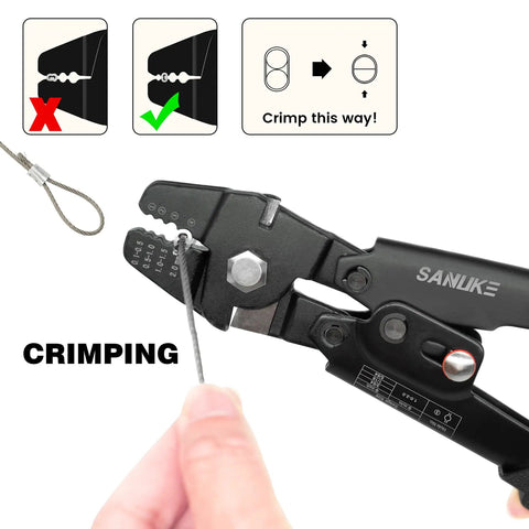Heavy Duty Wire Rope Crimping Tool Kit crimping wire with instructions on proper technique shown