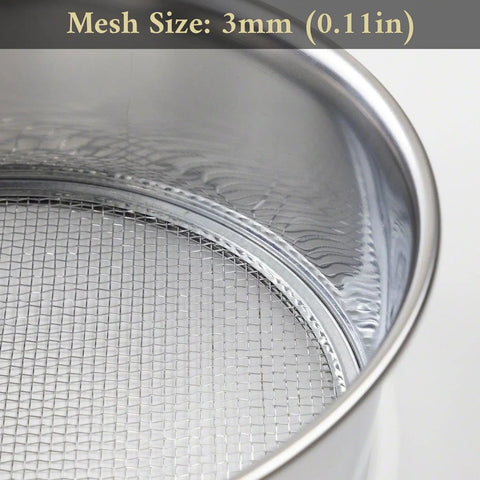 Close-up of 3mm mesh screen in 3-Piece Pro-Grade Soil Sieve Set For Bonsai And Garden Projects, 8.25 Inch Stainless Frame, Made In Japan