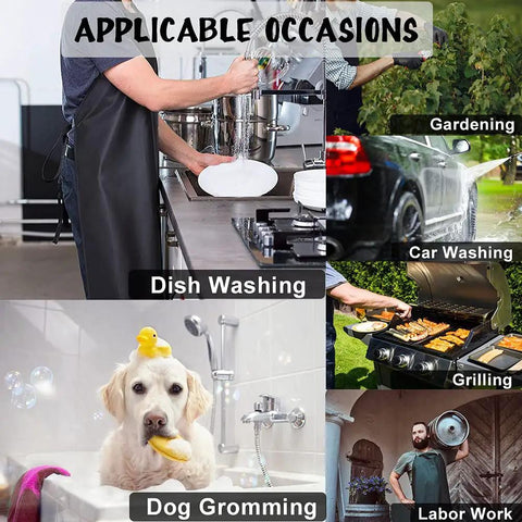 Heavy Duty Black PVC Apron For Kitchen And Workshop Chemical Resistant Waterproof Gear With Extra Long Straps Plus Size Three Pack in use during dish washing.