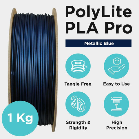 Metallic Blue PLA Pro 3D Printing Filament 1.75Mm 1Kg Spool on display with usage benefits highlighted.
