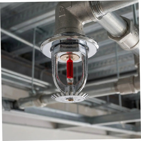 Heavy Duty 10 Pack Fire Sprinkler Heads Boasting 155F Upspray Shield And Straight Up Smooth Plug In Half Inch Threads For Any House Or Garage, close-up view of a fire sprinkler head.