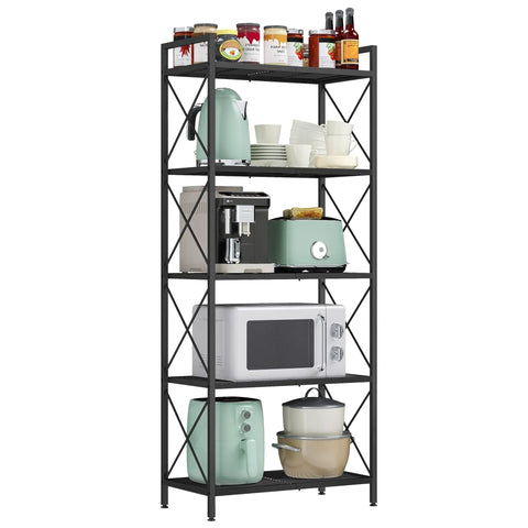 Kick The Clutter To The Curb With This No Sweat 5 Tier Steel Storage Rack Featuring Reinforced X Side Frames For Effortless Entryway Kitchen Bathroom Organization with kitchen appliances and jars.