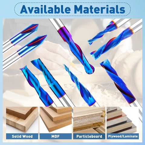 Nine Piece Solid Carbide CNC Router Bit Set With Nano Blue Coating And One Fourth Inch Shank Hella Sharp Edges For Woodworking Pros And Weekend Warriors A Total Sweet Deal displayed with available materials like solid wood, MDF, and particleboard.