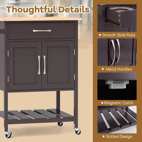 Thoughtful details of the Slick Rolling Kitchen Island Cart With Dope Rubberwood Top And Quick Release Drawer, showcasing smooth slide rails and metal handles.