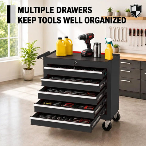 Heavy Duty Steel Rolling Tool Chest With Smooth Glide Wheels And Lockable Five Drawer Mobile Cart Delivers Hella Durable Storage For Garage Or Automotive Tasks In Classic Black Finish, organized tools view.