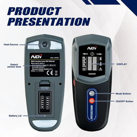 Heavy Duty Multi Function Stud Finder And AC Live Wire Detector Precision Depth Reader showing buttons and display features.