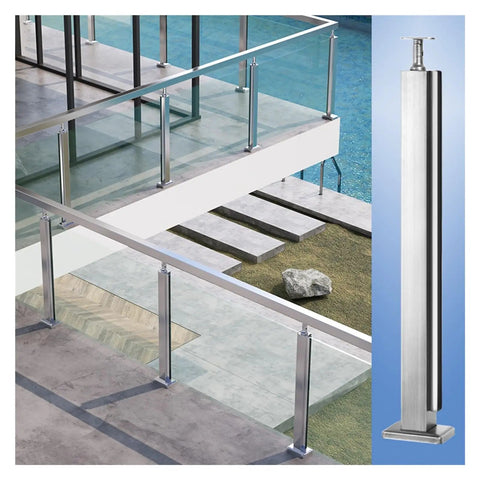 Stainless Steel 304 Railing Post Kit For Outdoor Decks And Stairs Featuring Adjustable Mounts And A Brushed Silver Finish fit for 10 to 12 mm glass panels, shown on a modern deck.