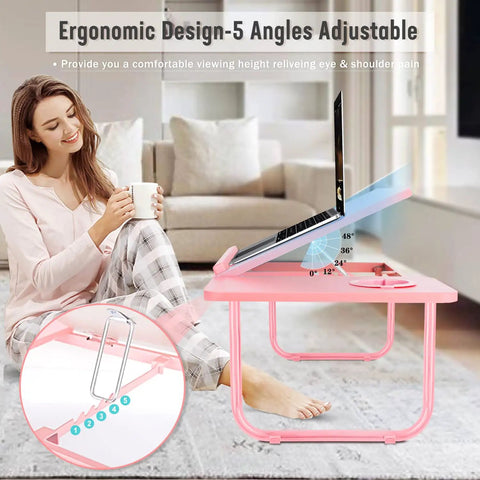 Woman using Multiuse Bed Lap Desk With Tilted Angles For Laptops, Candy Pink, ergonomic design on couch.