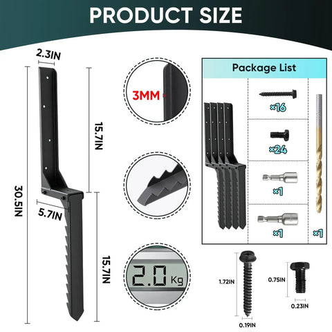Heavy Duty Fence Post Repair Kit With Rock Solid H Shaped Ground Spikes and Rust Proof Steel Anchors dimensions and package contents.