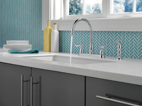 Windemere Chrome Kitchen Faucet With Side Sprayer For Four Hole 8 Inch Center Install shown installed on modern sink