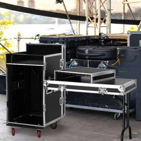 Slick Extra Heavy Duty 16U Rolling Rack Case With Six Smooth Casters And Two Folding Side Tables in a studio setting.
