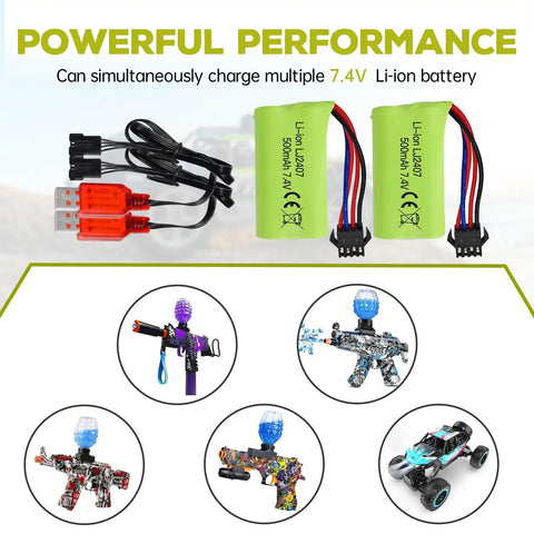 2 Pack 7.4V 500mAh LiPo RC Battery Set with USB Charging Cables for EC16 DE85 Off Road RC Cars and M416 Gel Ball Blaster