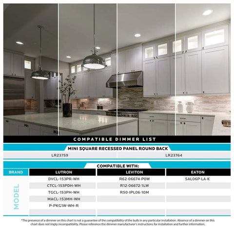 Kitchen with Six Inch Ultra Thin Square LED Recessed Light Kit, white cabinets, and stainless appliances.
