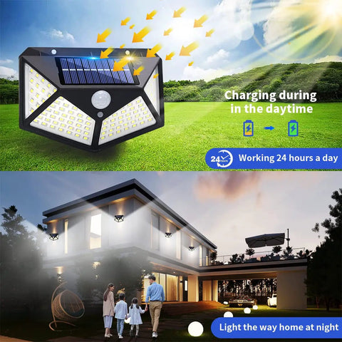 Solar Outdoor Security Lights With Motion Sensor IP65 Waterproof 100 LED Flood Lights Reflector on house at night