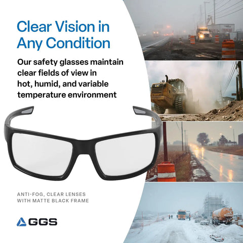 Lightweight Anti Fog Safety Glasses With Scratch Resistant Lenses And UV Protection For Outdoor Adventures DIY Projects And Active Running. Front view with matte black frame.