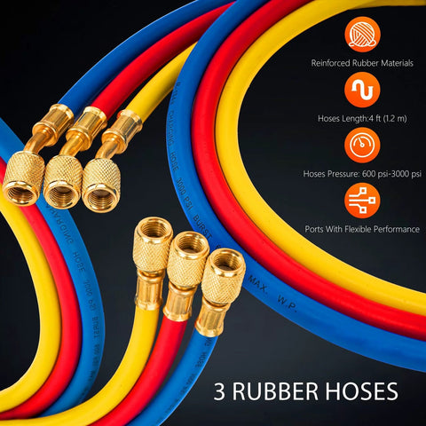 Close-up of HVAC vacuum hose set with brass fittings in blue, red and yellow