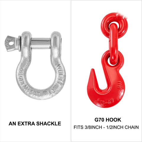 Built Tough Heavy Duty Chain Binder Kit With Swivel G70 Hooks Fits 3/8 To 1/2 Inch Grade Seven Links 9215 Lbs No Slip Pull Power For Trailer Towing And Road Rigs 4 Piece Deal, showing a shackle and G70 hook.