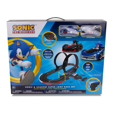 Packaging of Sonic Racing CrossWorlds Slot Car Track Set With Rad Double Loop Action, featuring Sonic and Shadow cars